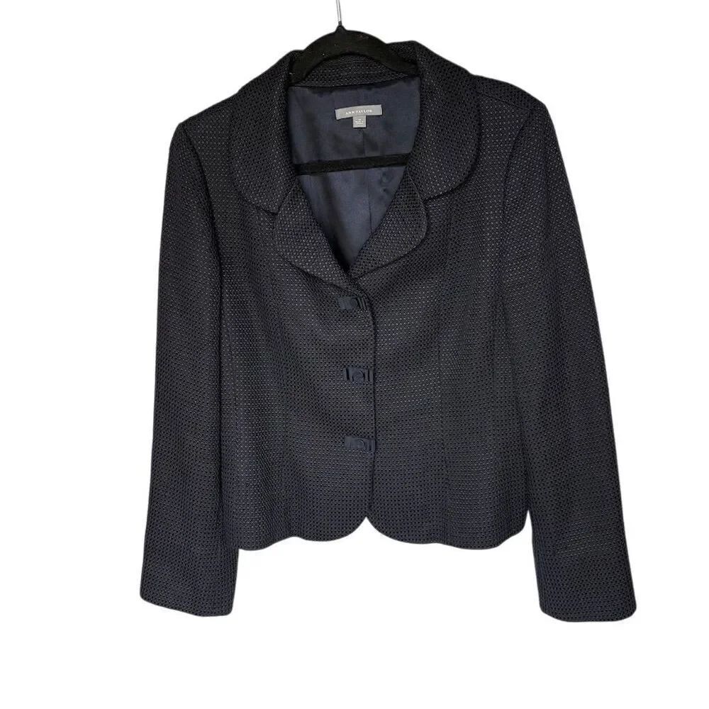 Ann Taylor Blue Tweed Blazer Jacket Size 10 Rounded Notch Collar Long Sleeve